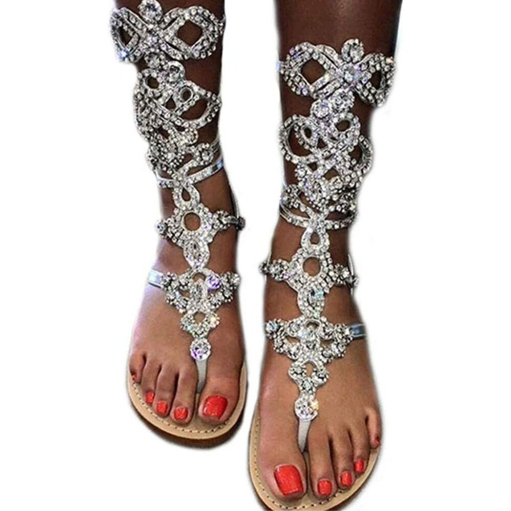 ⚡ Women's Silver Rhinestone Gladiator Sandals Stylish Flats Summer Weddings